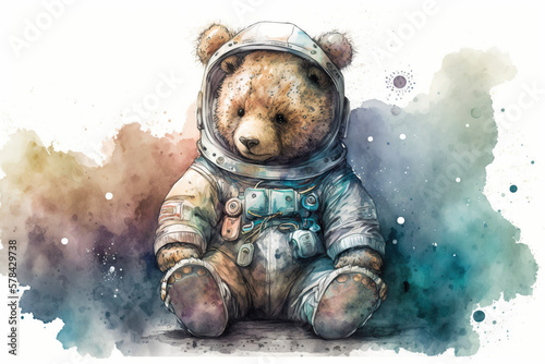 Fotografia Teddy bear in cosmos as cosmonaut watercolour, concept of Space Exploration and