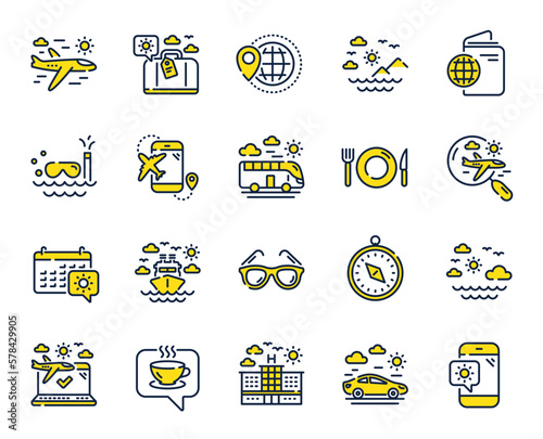 Travel line icons. Passport, Luggage, Check in airport icons. Airplane flight, Sunglasses, Hotel building. Passport check in document, Sea diving. Restaurant hotel food, luggage travel. Vector
