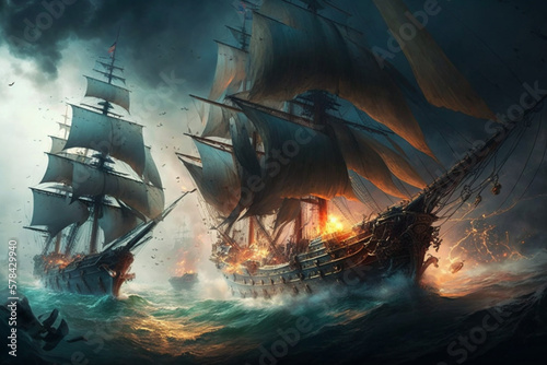 Fototapete battle scenario between pirate ships with cannons Generative AI
