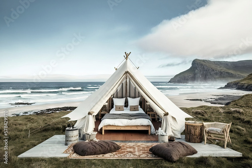 glamping in the beautiful place. luxury glamping. glamorous camping. Generative AI