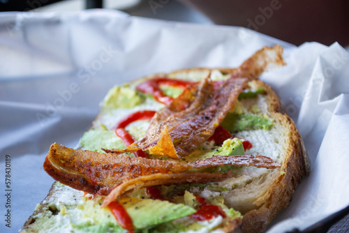 Closeup of avocado toast breakfast restaurant