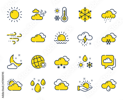 Weather and forecast line icons. Cloudy sky, winter snowflake, thermometer. Moon night, rain and sunset icons. Weather temperature, meteorology forecast and wind, thunder bolt. Vector