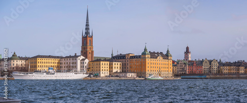 Panorama. The two islands in the old town Gamla Stan, court houses, churches and hostel ship, a sunny spring day in Stockholm