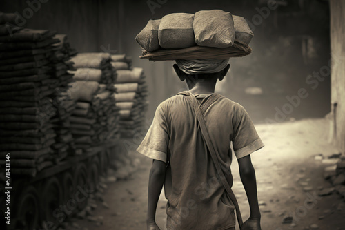 Child labor back view, concept of Exploitation and Oppression, created with Generative AI technology