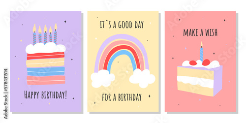 Set of greeting cards for celebration birthday. Hand drawn trendy cartoon cake, happy birthday lettering. Vector illustration	