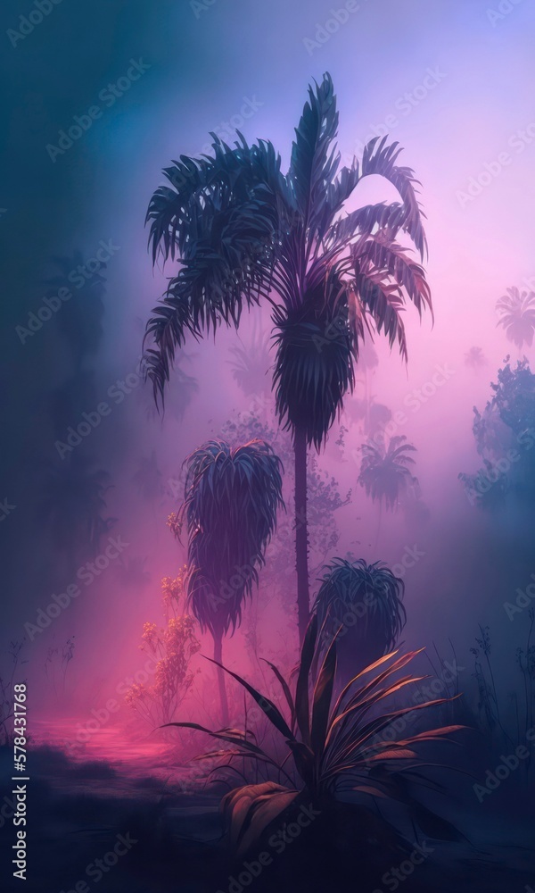 Palm trees in neon light. Tropical summer landscape of exotic trees in the fog. Generative AI art.