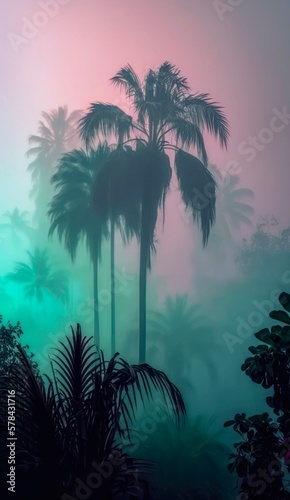 Palm trees in neon light. Tropical summer landscape of exotic trees in the fog. Generative AI art. © Hanna