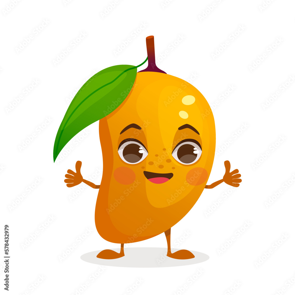 Cartoon character fruit - Mango. Fruit with face, arms and legs. Vector graphic.