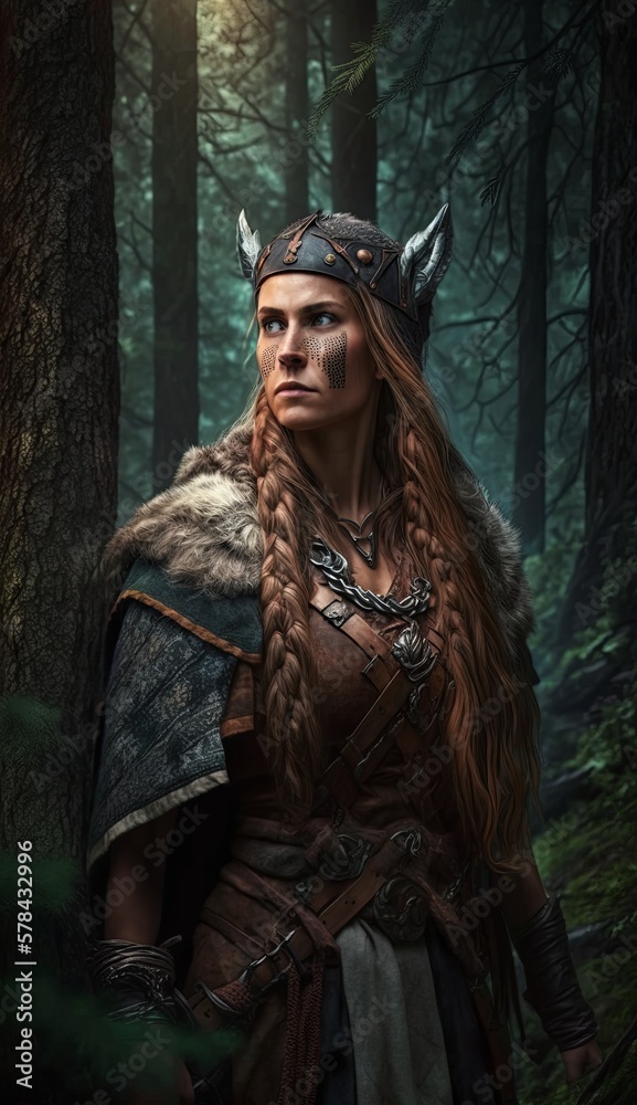 Illustration of Viking woman. Concept of battle and mythology. Generative AI.