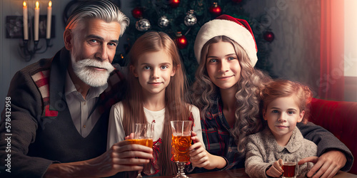 A family at home drinking for Christmas - Generative AI