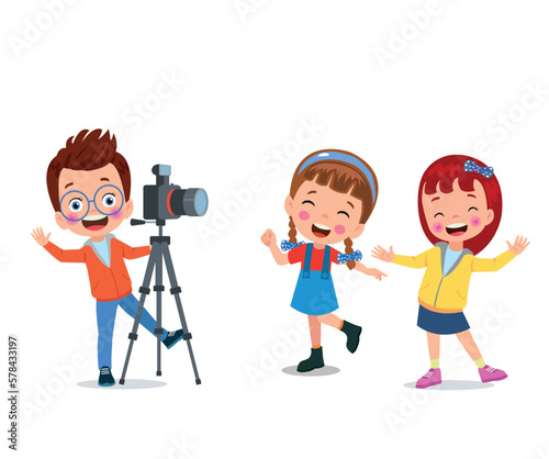 Cute boys taking photo using smartphone and camera cartoon vector illustration