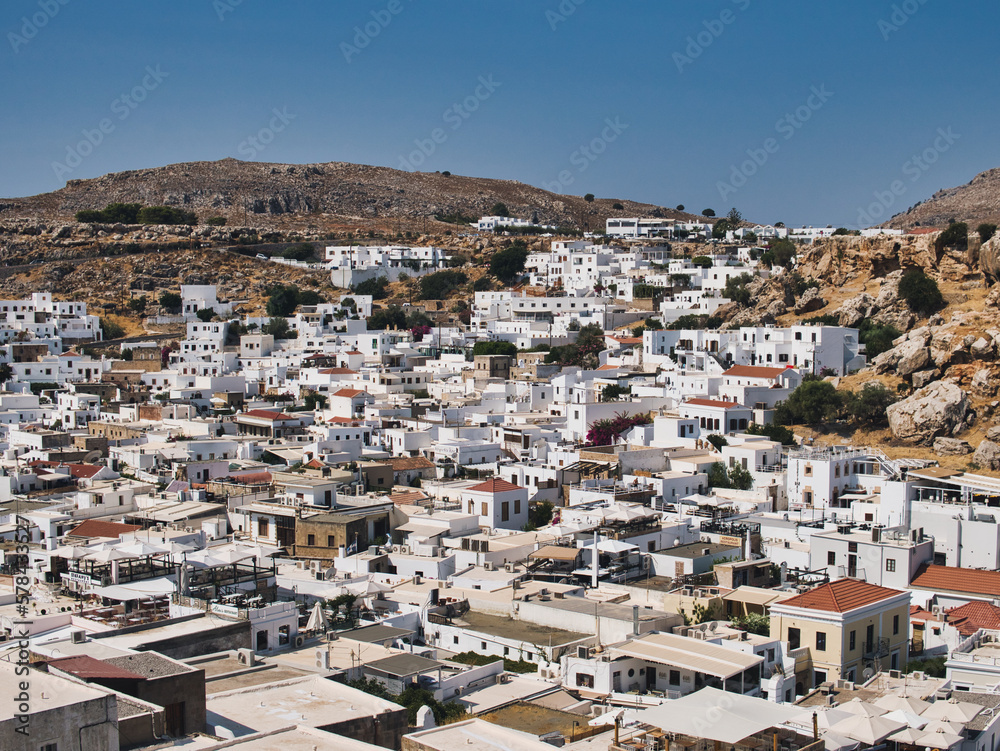 Landscape of a Lindos old town on Rhodes island in Greece