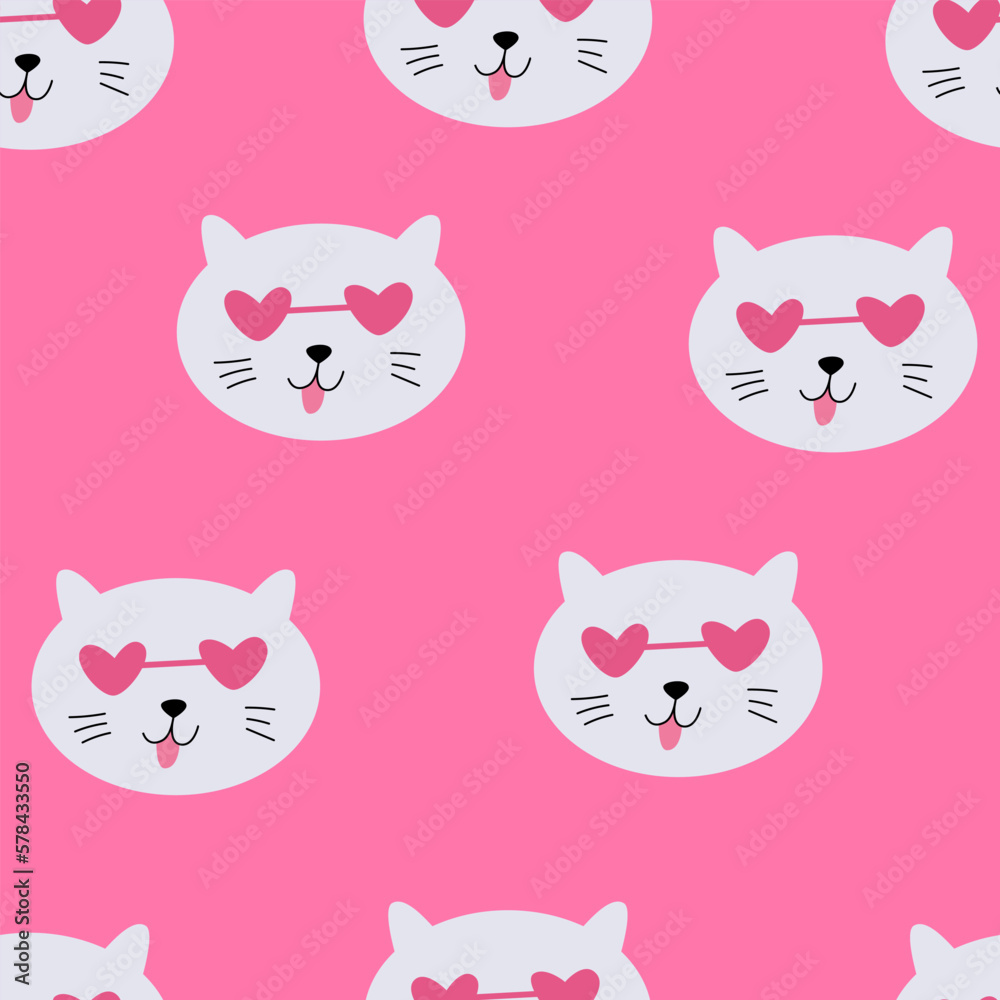 Cute seamless pattern with funny cats with heart sunglasses. Vector pink background