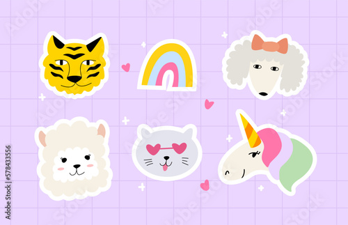 Set of cute funny stickers with animals and rainbow. Tiger, dog, llama, cat and unicorn. Vector flat kawaii illustration. 