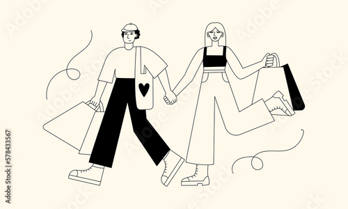Beautiful couple walking with shopping bags. Vector outline illustration of diverse people. Minimalist trendy illustration