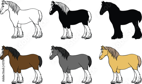 Clydesdale Horse Drawing Vector Clipart - Outline, Silhouette & Color