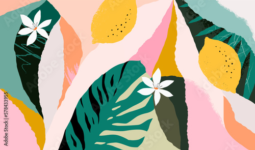 Modern colorful collage with tropical leaves, lemons and flowers. Stylish summer abstract background.