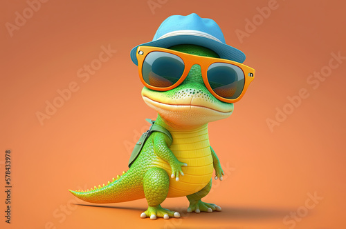 Funny baby crocodile with sunglasses and blue hat on orange background. Generative AI