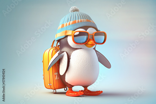 Traveller penguin wearing blue hat and sunglasses on colorful background. Generative AI