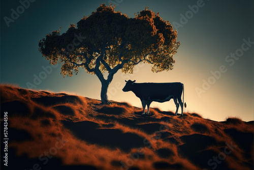  Serene sunset scene with a cow underneath a tree on a hill, AI generative