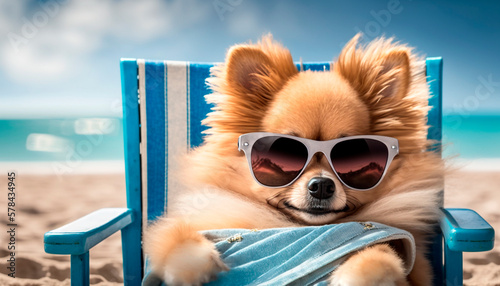 Stylish Pomeranian Dog Lounging in a Beach Chair Wearing Sunglasses © artefacti