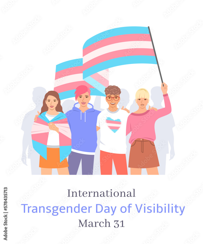 International Transgender Day of Visibility celebration. Group of young men and women hugging each other and holding transgender pride flags on pride parade. Trans Visibility March - obrazy, fototapety, plakaty 