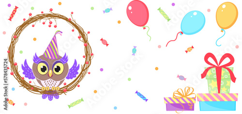 Happy Birthday Horizontal Banner with Funny Owl