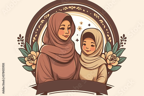 generative ai illustration of cute cartoon mother and daughter in traditional hijab