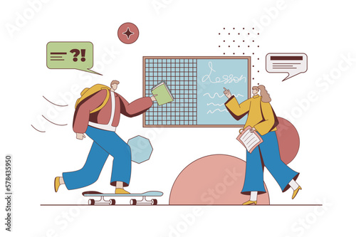 Back to school concept with character situation in flat design. Student with backpack and book hurries to lesson. Teacher explains topic at blackboard. Vector illustration with people scene for web