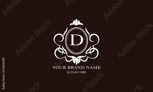 Vector illustration of letter D logo template. Classic floral monogram with decorative elements.