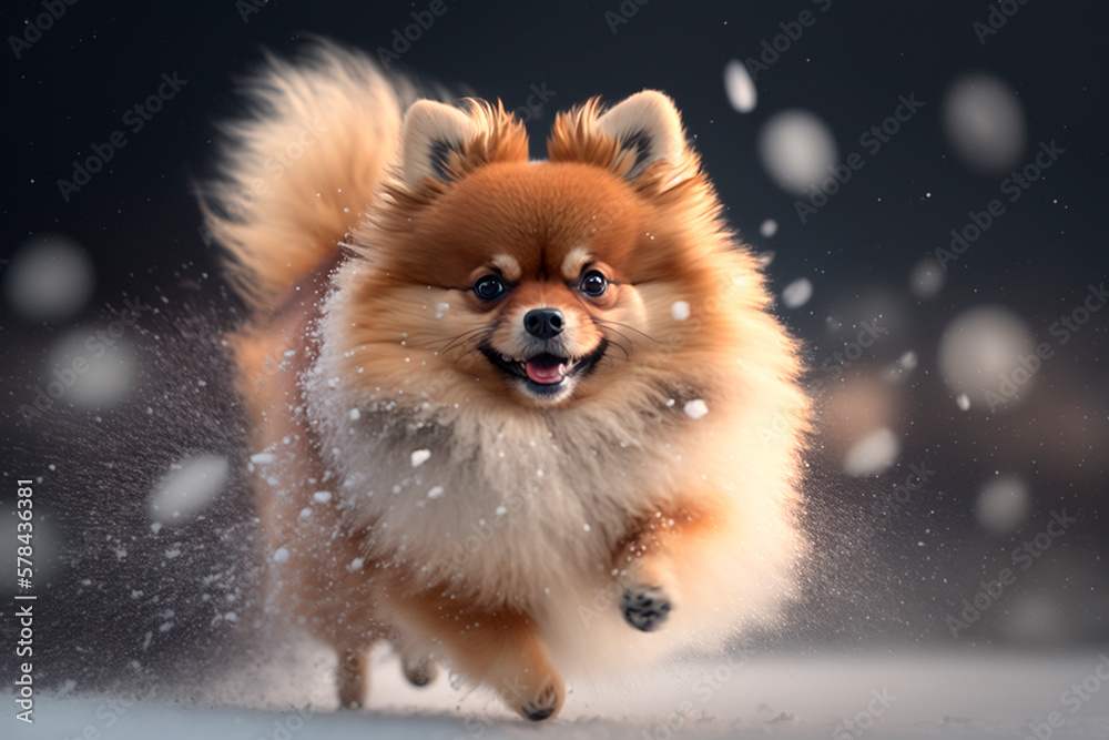 A Cute Pomeranian Dog Chasing Snowflakes in the Wintertime