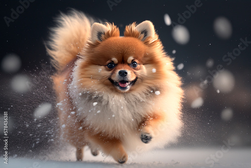 A Cute Pomeranian Dog Chasing Snowflakes in the Wintertime © artefacti