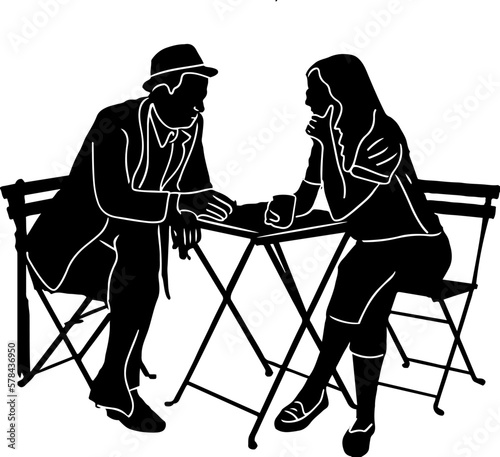 Silhouette of man and woman meeting outdoor, Sketch drawing illustration of lovers on a date in the cafe vector image, Couple on date in outdoor cafe