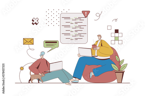 Freelance work concept with character situation in flat design. Woman and man doing online tasks with laptops, communicate and work in cozy home office. Vector illustration with people scene for web