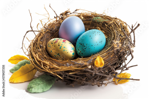 Colorful easter eggs in a nest, isolated on white background. Easter concept. Generative ai and digital editing.