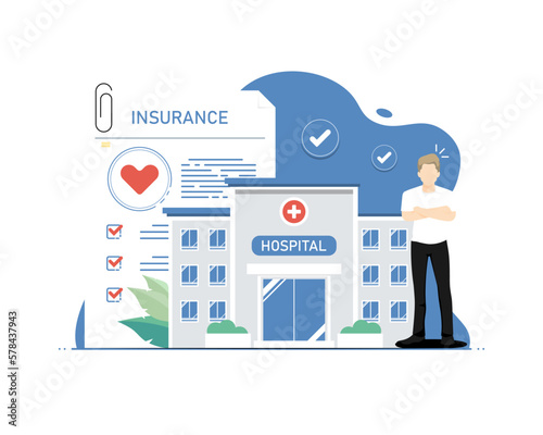 Insurance health concept, Human standing with check health document and hospital, Digital marketing illustration.
