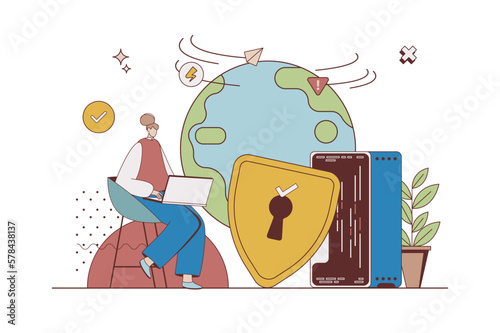 Network security concept with character situation in flat design. Woman using secure login and password protection on internet, protecting information. Vector illustration with people scene for web