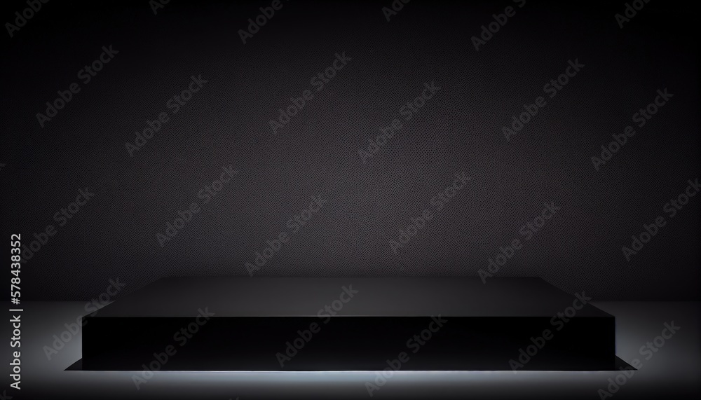 Pedestal of Platform display with black stand podium on dark room background. 3D rendering. Generative AI.
