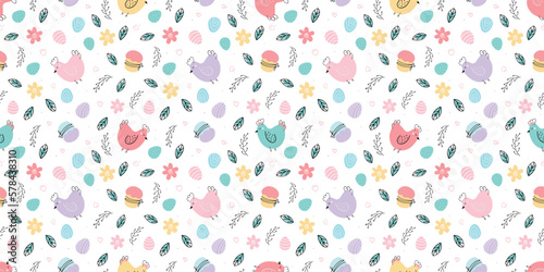 Easter seamless pattern. Chicken , Easter eggs, willow background
