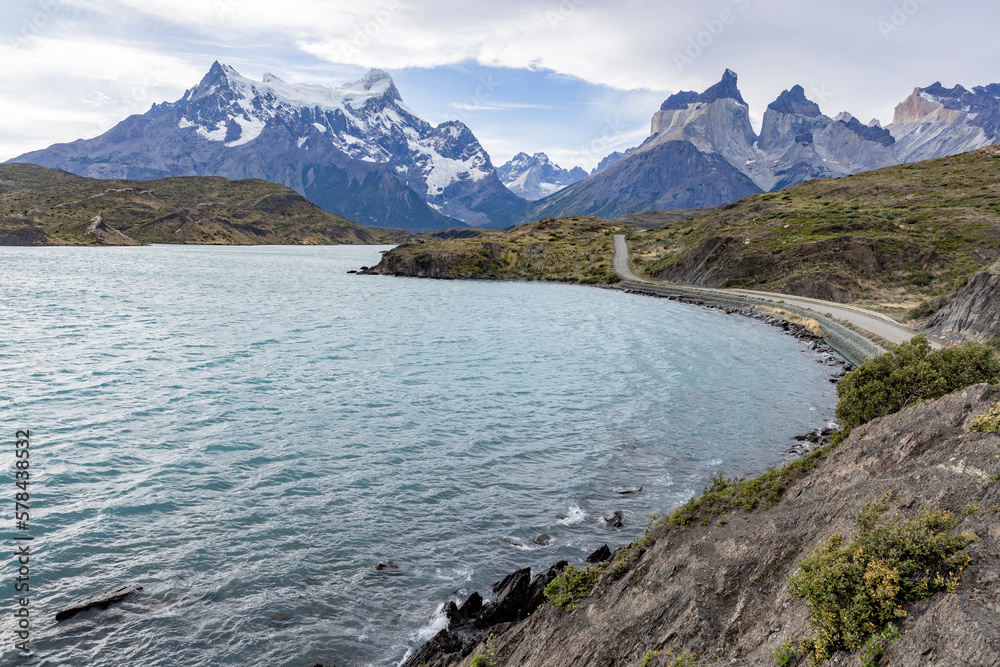 Lake and snowy mountains of Torres del Paine National Park in Chile, Patagonia, South America