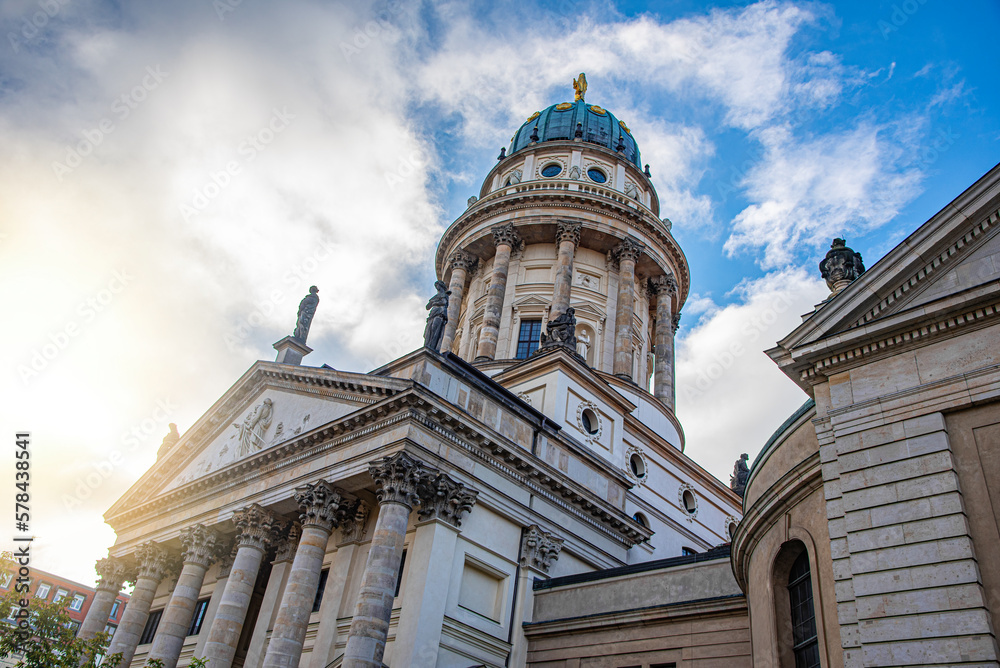 Berlin - French Cathedral at sunrise against the blue sky.