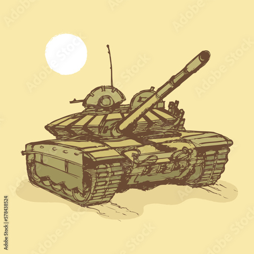 Tank with dynamic armor on the background of the scorching sun. Sketch. Vector illustration