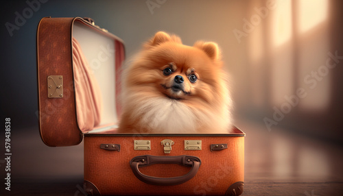 Ready for the Journey: Adorable Pomeranian Dog Sitting in a Suitcase