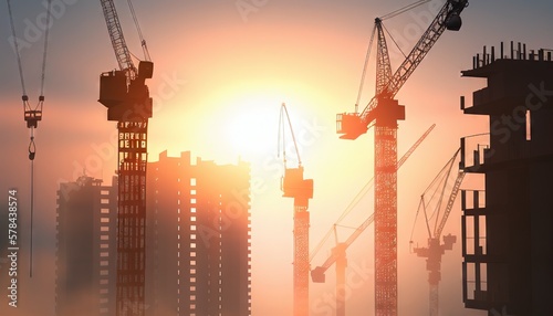 Construction cranes, the construction site at sunset in the evening time. Generative AI.