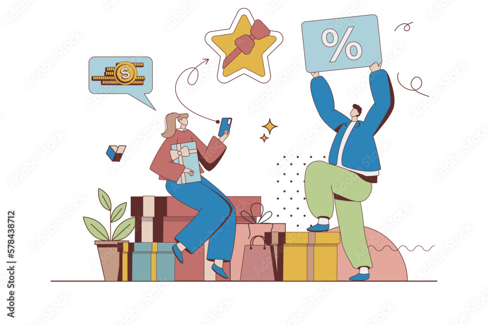 Shop loyalty program concept with character situation in flat design. Man and woman regular customers receive bonuses gifts and discount cards from store. Vector illustration with people scene for web