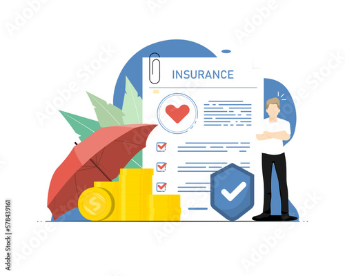 Income for insurance health concept, Human standing with health document, gold coin, umbrella, Digital marketing illustration.