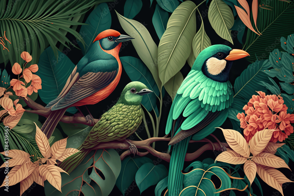 Tropical wallpaper background with plants and birds, concept of Palm ...