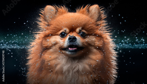 A Sweet Pomeranian Dog Sitting in the Rain, Shaking Off the Raindrops © artefacti