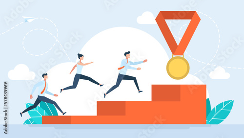 Business competition concept. Team building. Employee recognition and best worker competition award team. Victory winner business. Businessman, winner tearing the finish line. Vector illustration