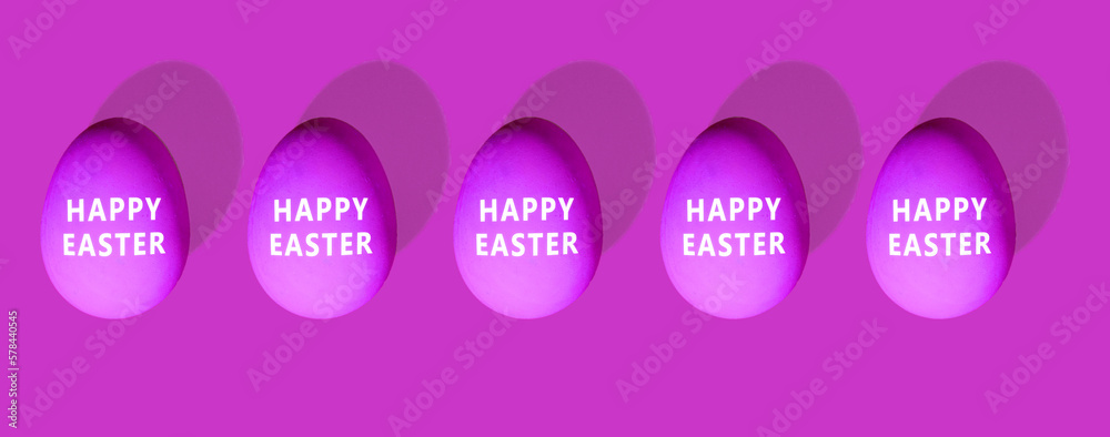 Happy Easter eggs on purple background. Minimal flat lay composition, banner, seamless pattern, Easter greetings concept